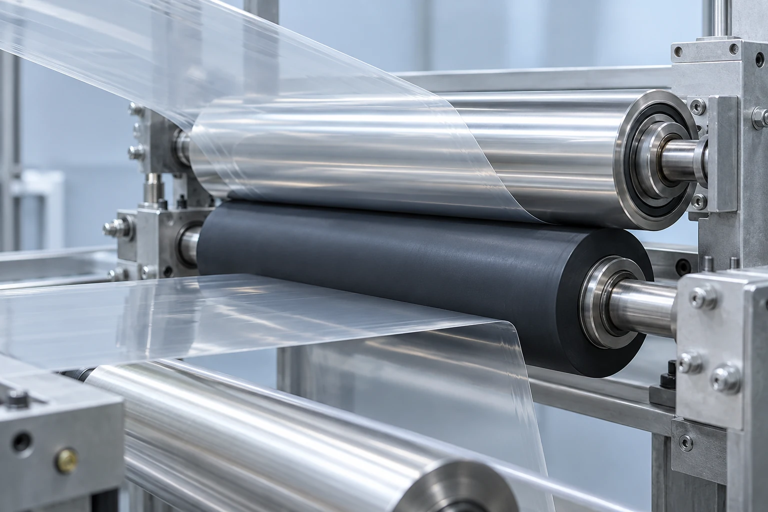 Illustrative transparent film web guided over metal and rubber rollers in a processing line