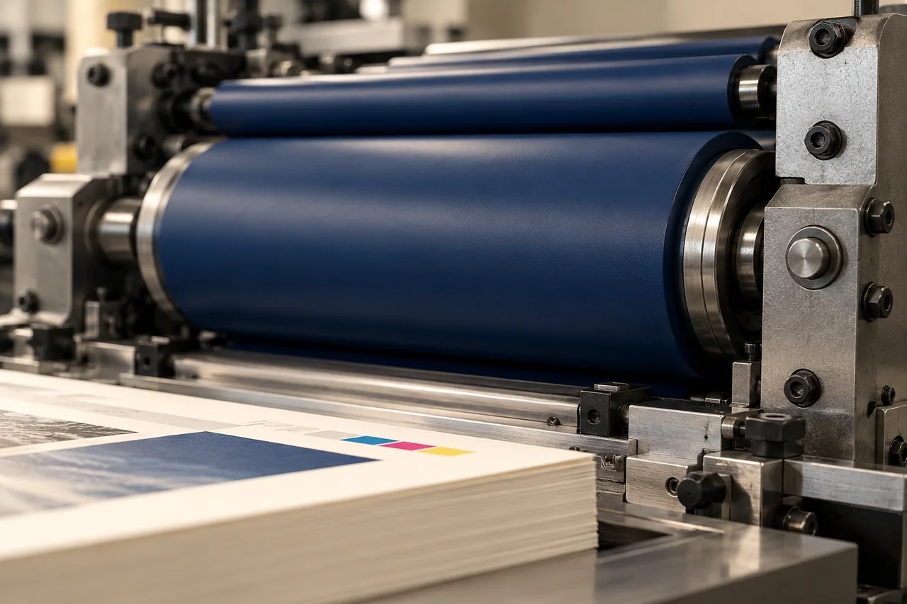 Illustrative blue rubber rollers inside an offset press inking unit, with printed sheets on the adjacent feeder surface