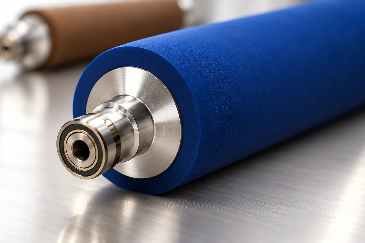 Illustrative close-up of blue rubber, concentric steel end discs and a polished roller shaft