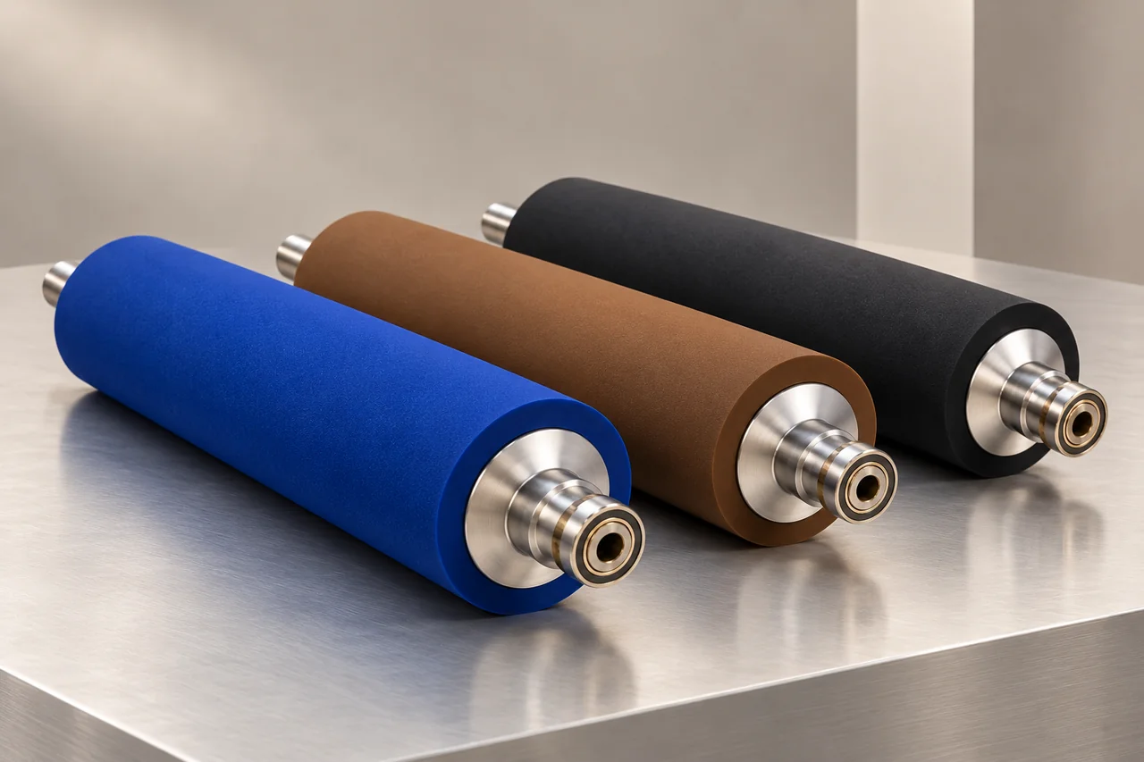 Illustrative blue, brown and charcoal printing rollers on a satin metal worktable in a softly lit studio