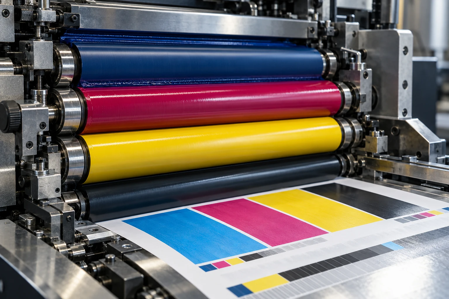 Illustrative offset press detail with inking rollers, steel hardware and a printed sheet