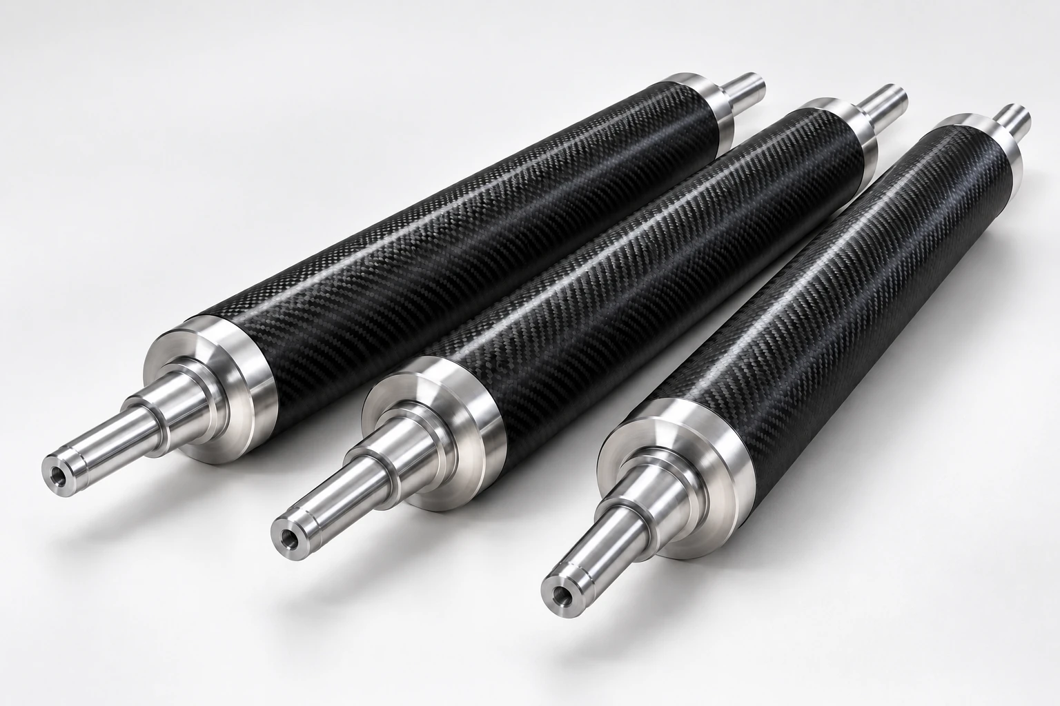 Illustrative Three woven carbon-fiber rolls with polished steel shafts