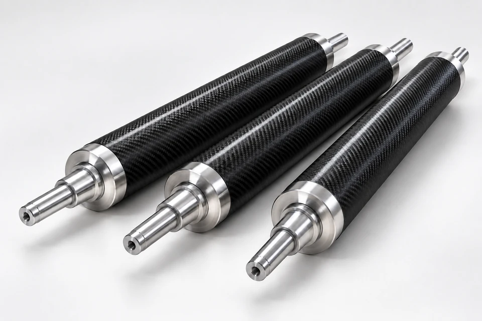 Illustrative lightweight rolls with woven carbon-fiber bodies and polished metal shafts