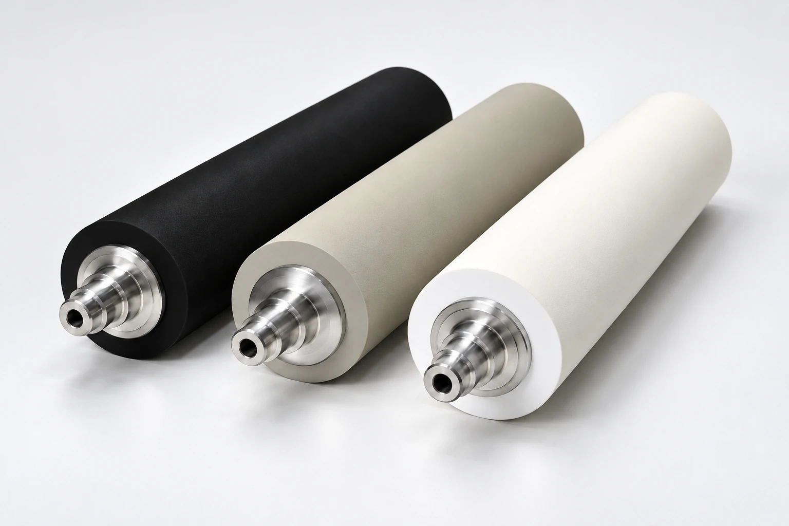 Illustrative industrial rubber rolls with the original roller colours and metal shaft construction