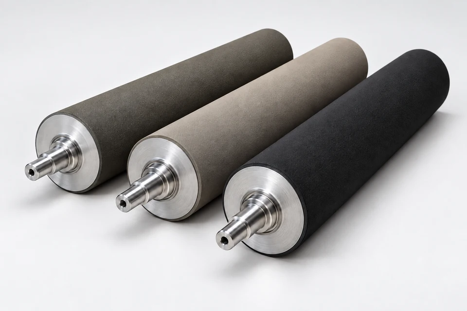 Illustrative gray and black non-stick rolls with fine surface texture and metallic end caps