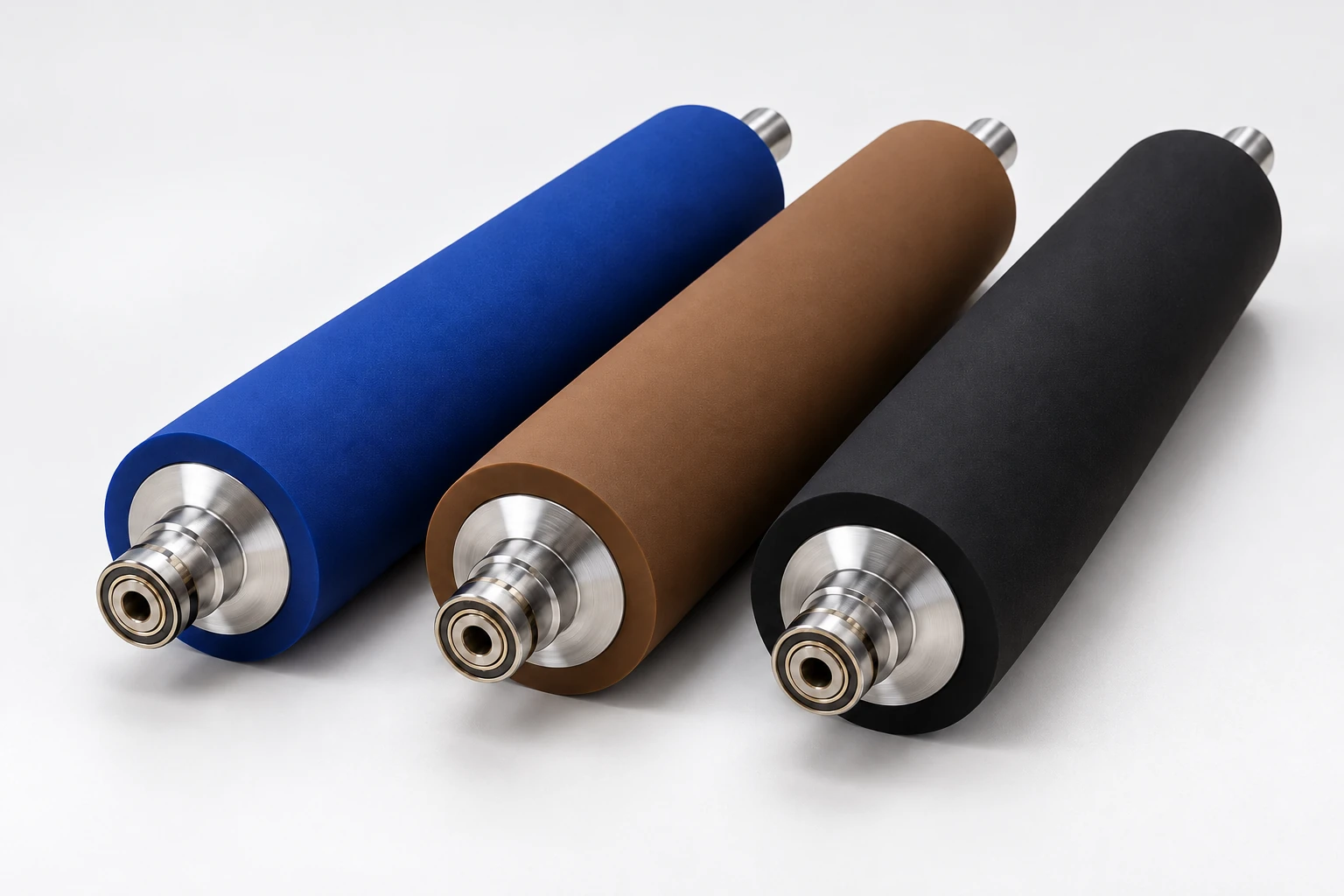 Illustrative printing rubber rollers with the original roller colours and metal shaft construction